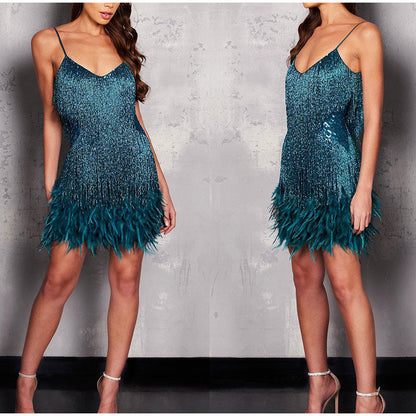 DazzleDress - Women's Feather Fringe Sequin Spaghetti Strap Dress