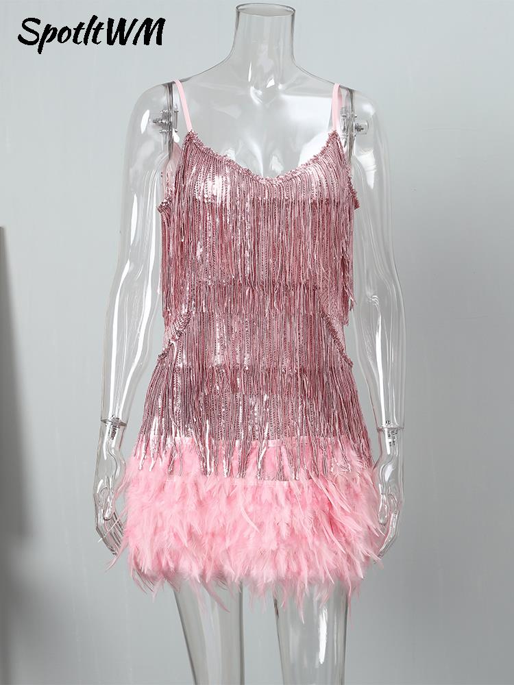 DazzleDress - Women's Feather Fringe Sequin Spaghetti Strap Dress
