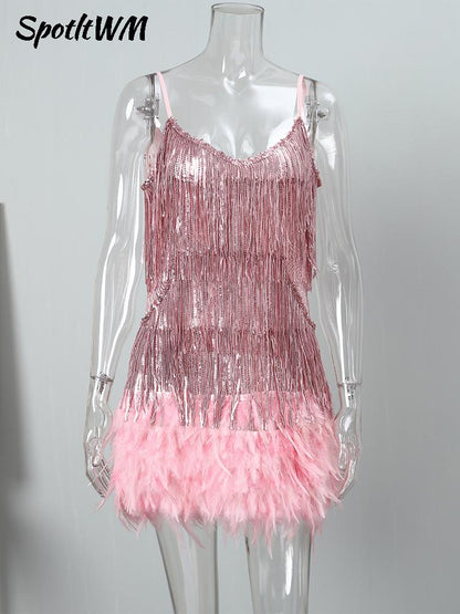 DazzleDress - Women's Feather Fringe Sequin Spaghetti Strap Dress