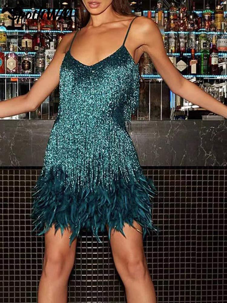DazzleDress - Women's Feather Fringe Sequin Spaghetti Strap Dress