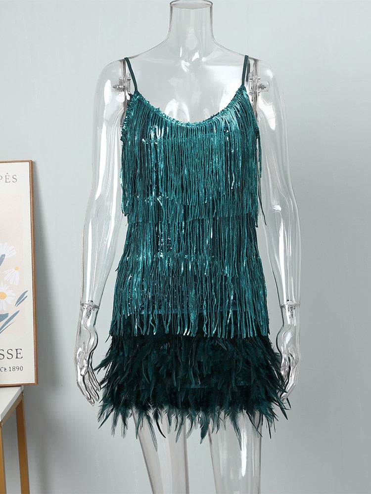 DazzleDress - Women's Feather Fringe Sequin Spaghetti Strap Dress