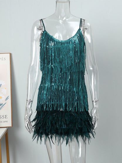 DazzleDress - Women's Feather Fringe Sequin Spaghetti Strap Dress
